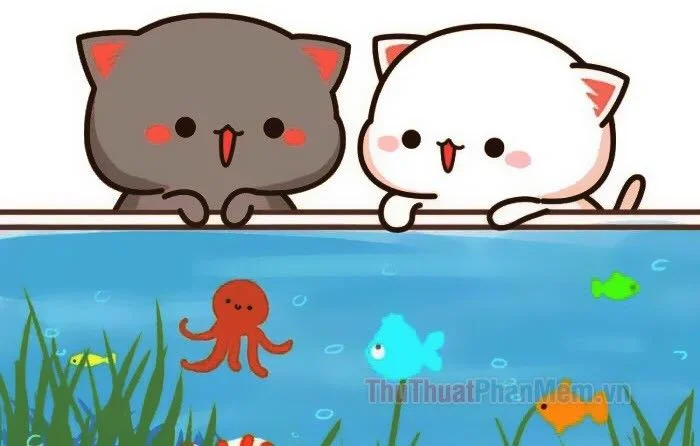 hình ảnh mèo cute chibi hai chú mèo xám trắng đáng yêu tò mò ngắm bể cá có bạch tuộc và cá nhiều màu