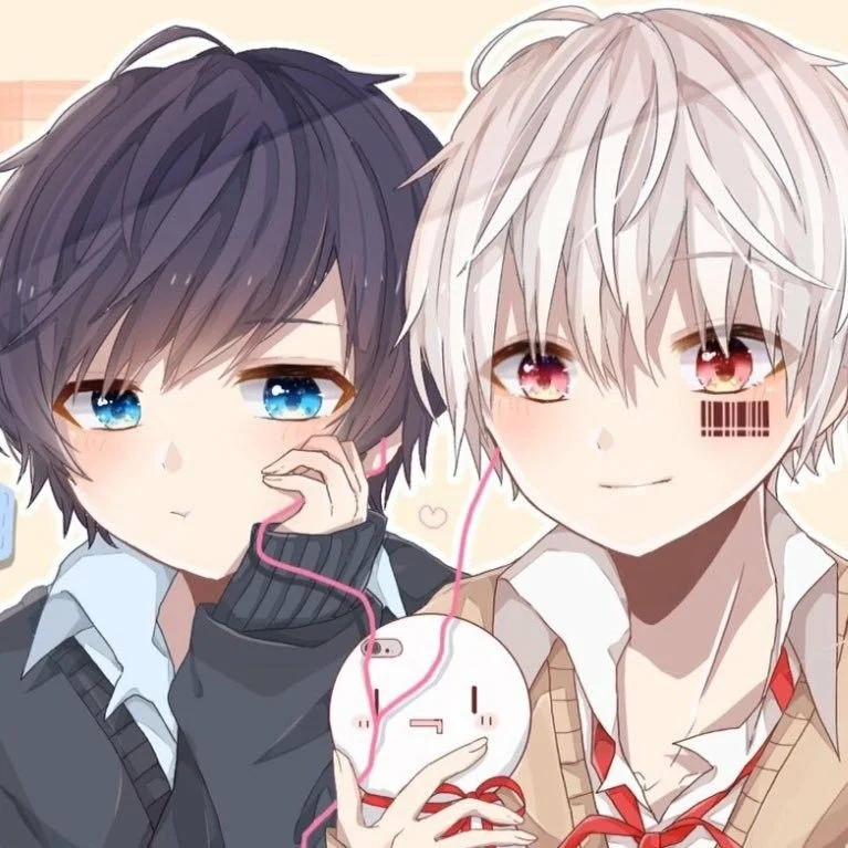 Ảnh đại diện đôi nhân vật anime nam tóc tím và tóc trắng đứng cạnh nhau