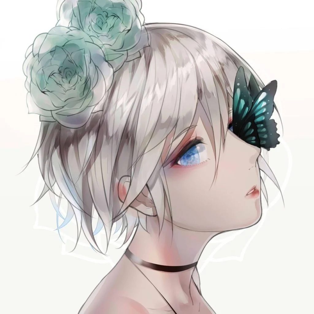 Ảnh đại diện anime cô gái tóc bạc trang trí hoa hồng và bướm