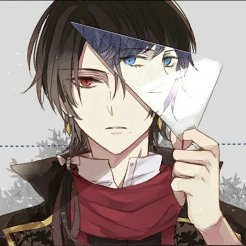 Ảnh đại diện anime nam tóc đen mắt hai màu cầm tấm ảnh