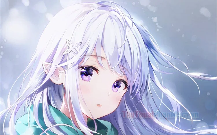 Ảnh đại diện anime cô gái tóc trắng bạc với đôi mắt tím trong khung cảnh xanh nhạt mơ mộng