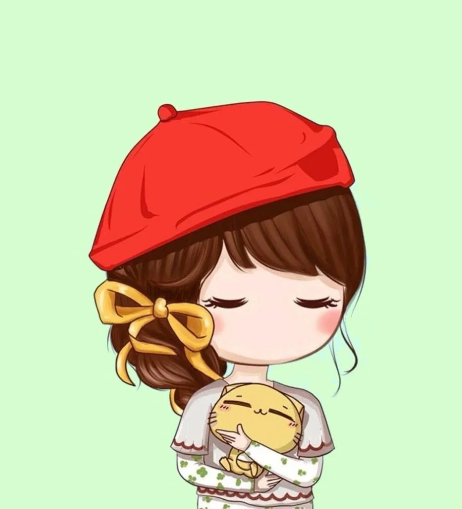 Ảnh đại diện cô gái hoạt hình đội mũ đỏ ôm mèo nhỏ