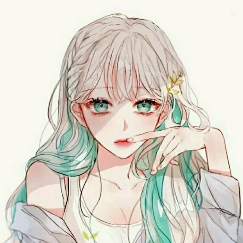 Ảnh đại diện anime cô gái tóc bạc pha xanh mint, mắt xanh ngọc và tạo dáng tinh nghịch trên nền sáng