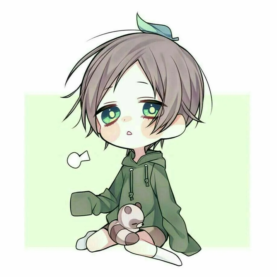 Ảnh đại diện chibi cậu bé tóc xám mặc áo hoodie xanh ôm thú bông