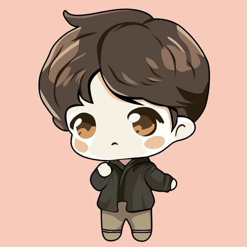 Ảnh đại diện chibi cậu bé dễ thương với mái tóc nâu và đôi mắt to trên nền hồng đào