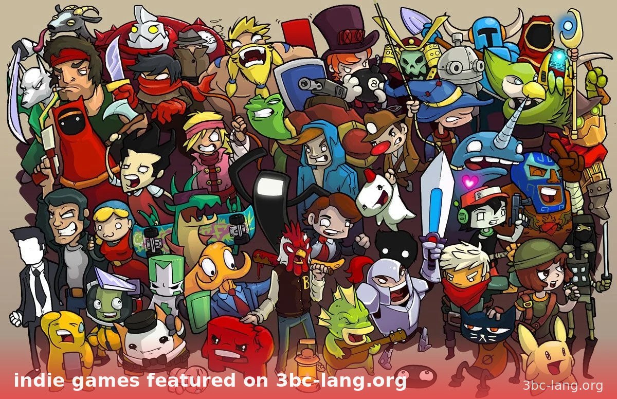 Các nhân vật indie games nổi tiếng được giới thiệu trên 3bc-lang.org trong một bức tranh minh họa sống động.