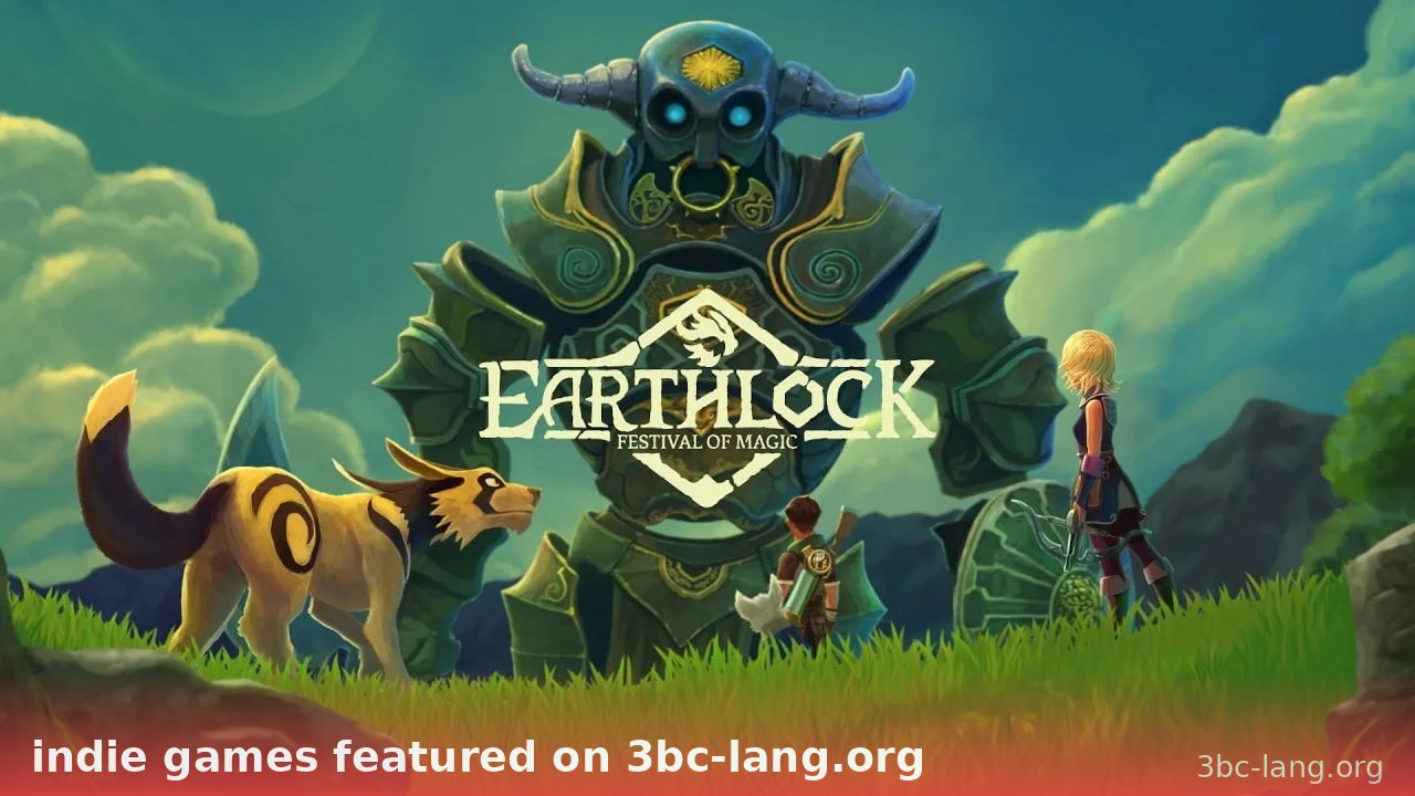 Poster game indie Earthlock được giới thiệu trên 3bc-lang.org với hình ảnh nhân vật và golem khổng lồ.