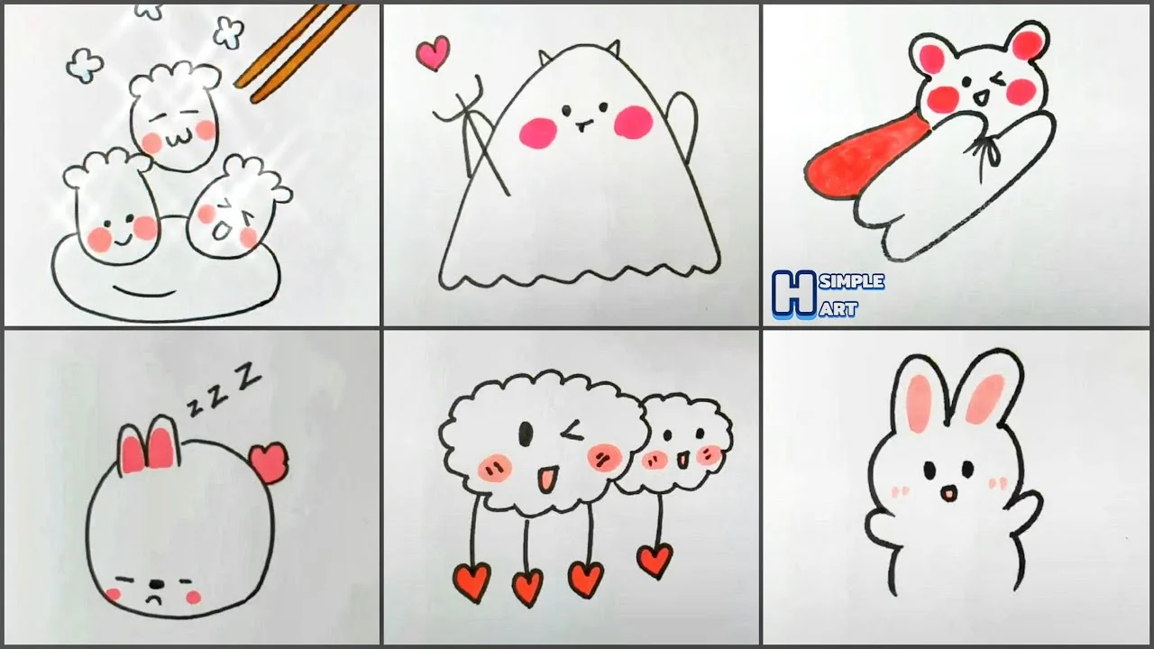 Vẽ tranh cute với sáu nhân vật động vật kawaii đáng yêu trên nền giấy trắng