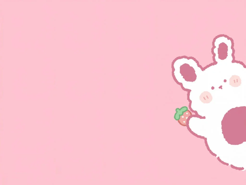 Hình nền iPad cute chú thỏ trắng dễ thương cầm quả dâu tây trên nền hồng pastel tối giản