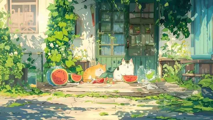 hình nền ipad cute phong cách anime mùa hè với hai chú mèo dễ thương ăn dưa hấu bên hiên nhà ngập tràn cây xanh