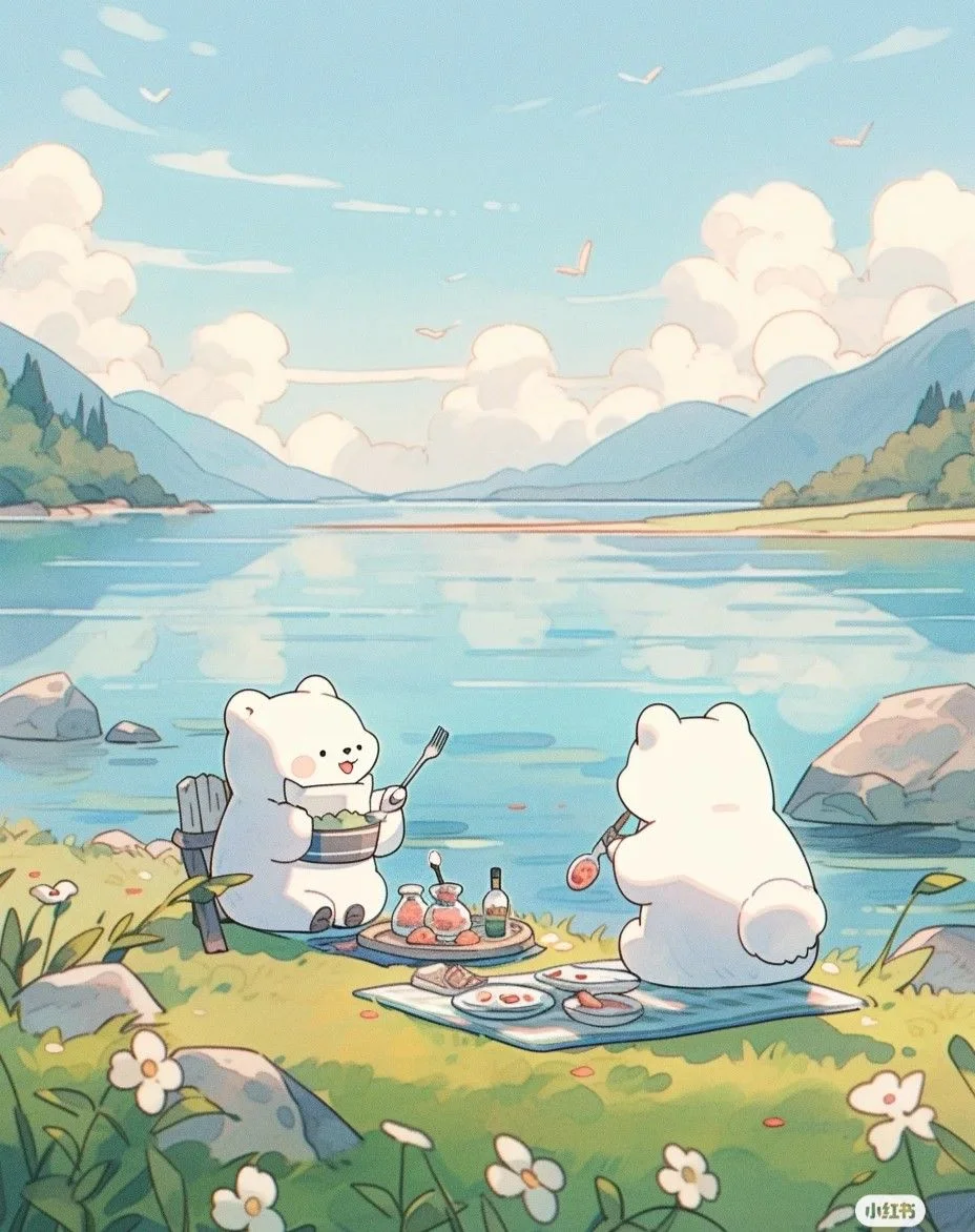 Hình nền iPad cute hai gấu trắng picnic bên hồ phong cảnh