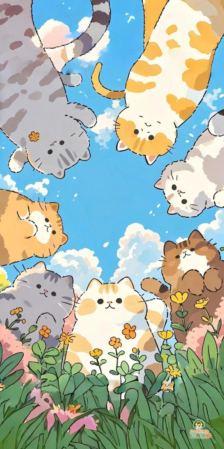Hình nền iPad cute đàn mèo hoạt hình chibi dễ thương giữa vườn hoa dưới bầu trời xanh