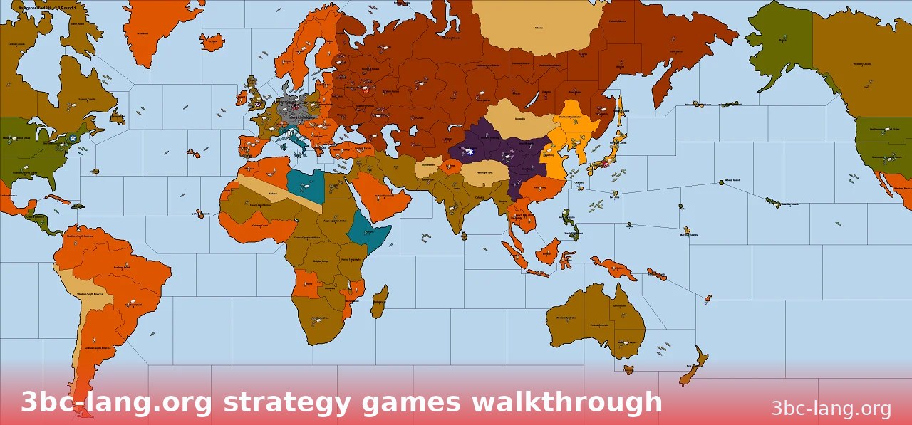 Bản đồ thế giới game chiến thuật với các khối lãnh thổ và hạm đội hải quân trong bài 3bc-lang.org strategy games walkthrough