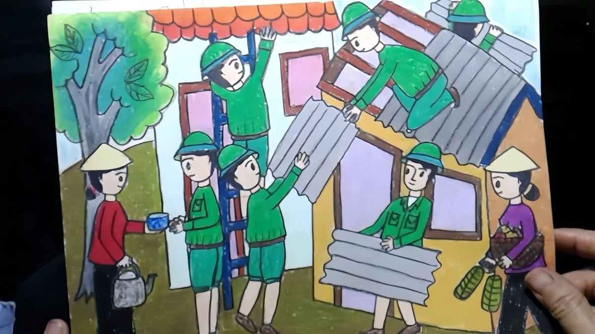 Tranh vẽ chú bộ đội chung tay dựng nhà với dân