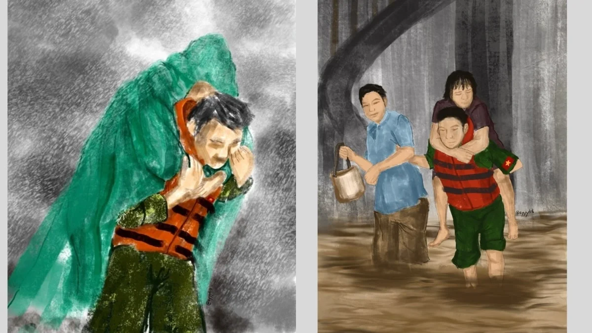 Tranh vẽ chú bộ đội đang cõng người dân sơ tán