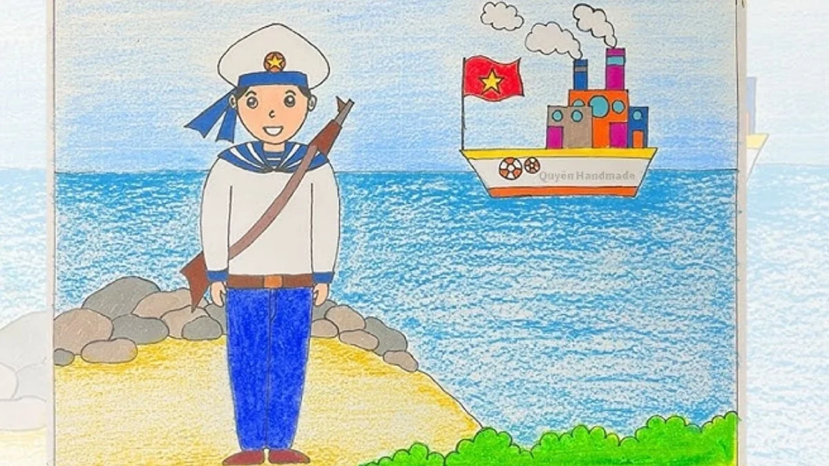 Tranh vẽ chú bộ đội hải quân làm nhiệm vụ trên biển