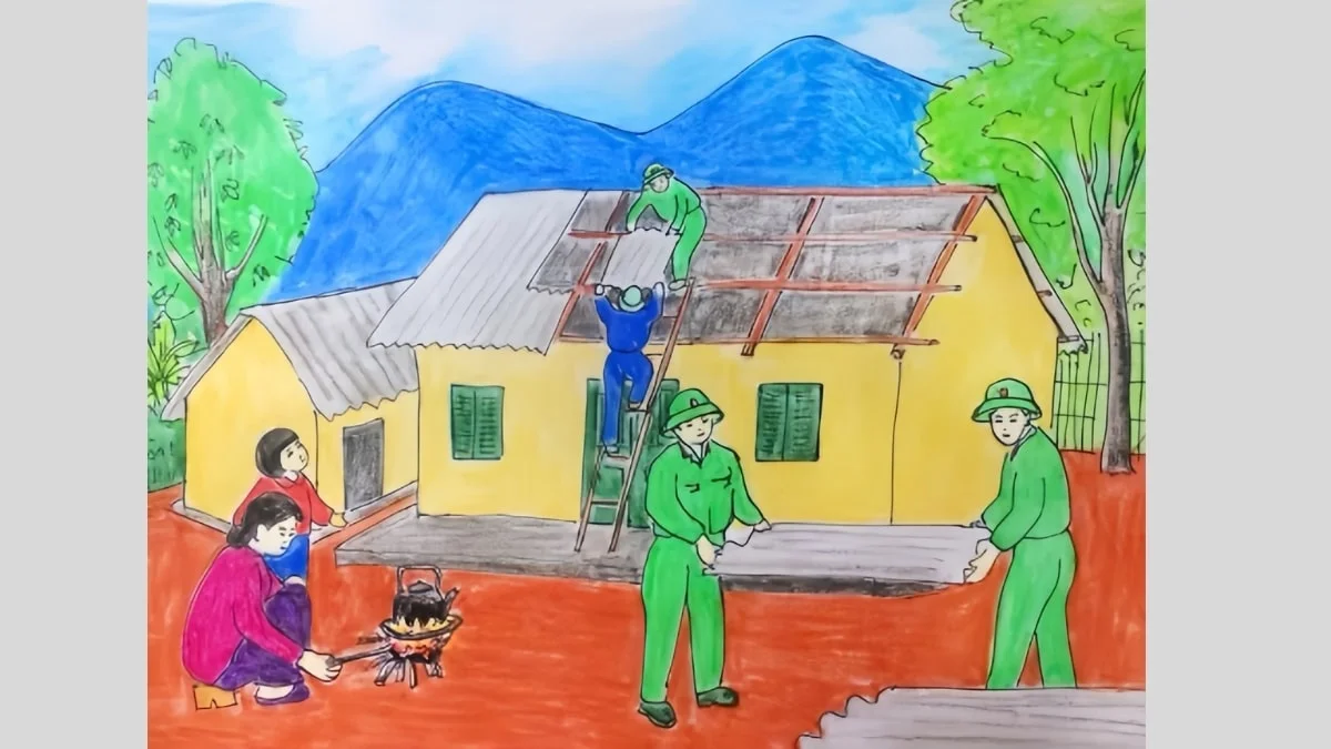 Tranh vẽ chú bộ đội giúp dân dựng nhà
