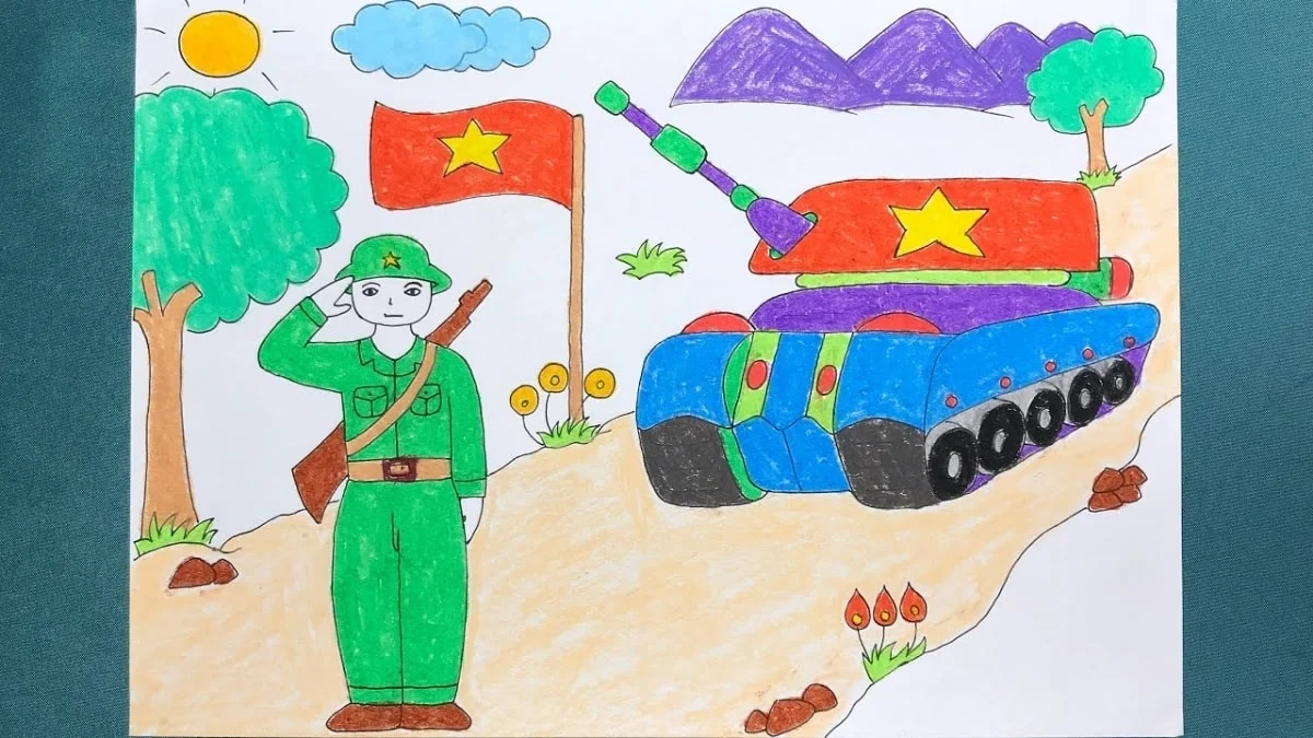 Tranh vẽ chú bộ đội cùng là cờ Việt Nam