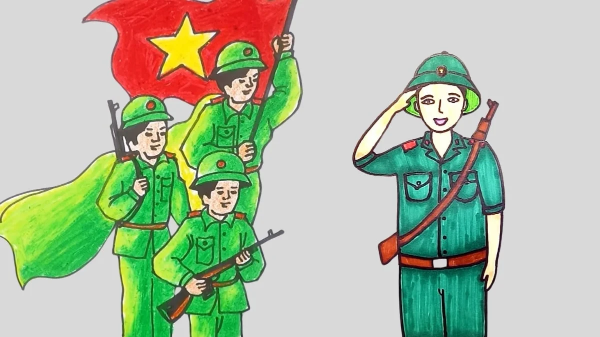 Tranh vẽ chú bộ đội đang hướng về cờ Tổ Quốc