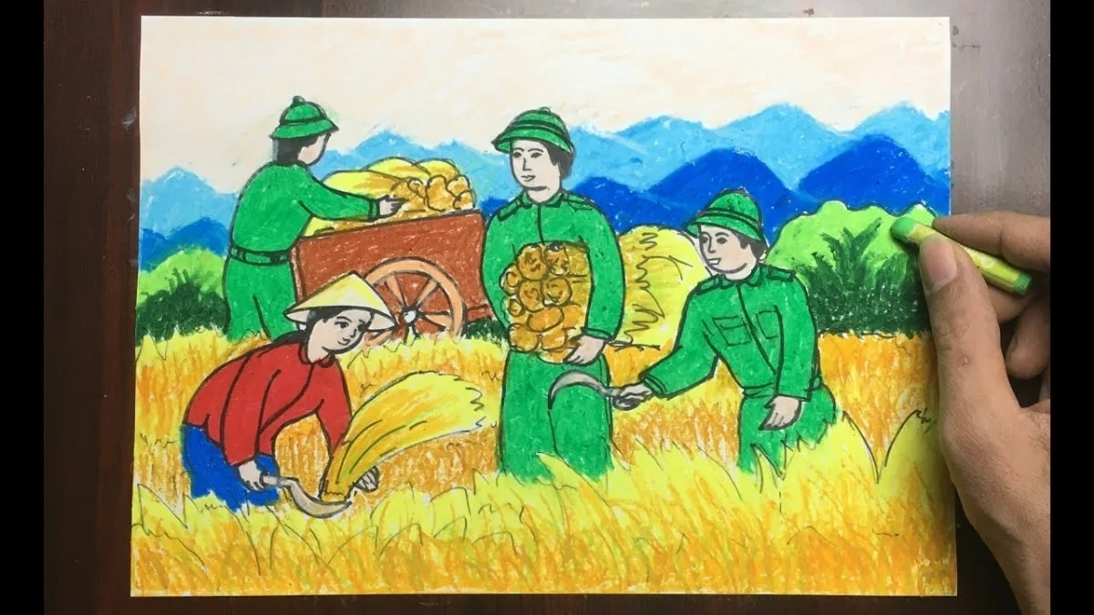Tranh vẽ chú bộ đội cùng người dân cấy lúa chín