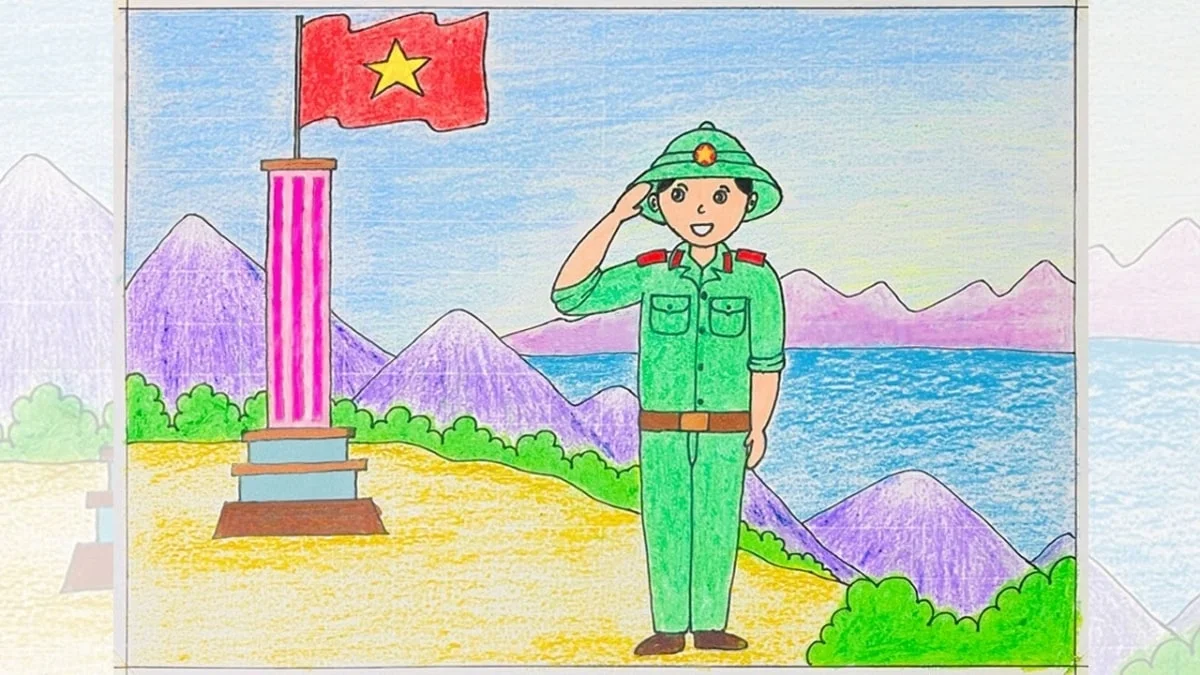 Tranh vẽ chú bộ đội đang chào cờ