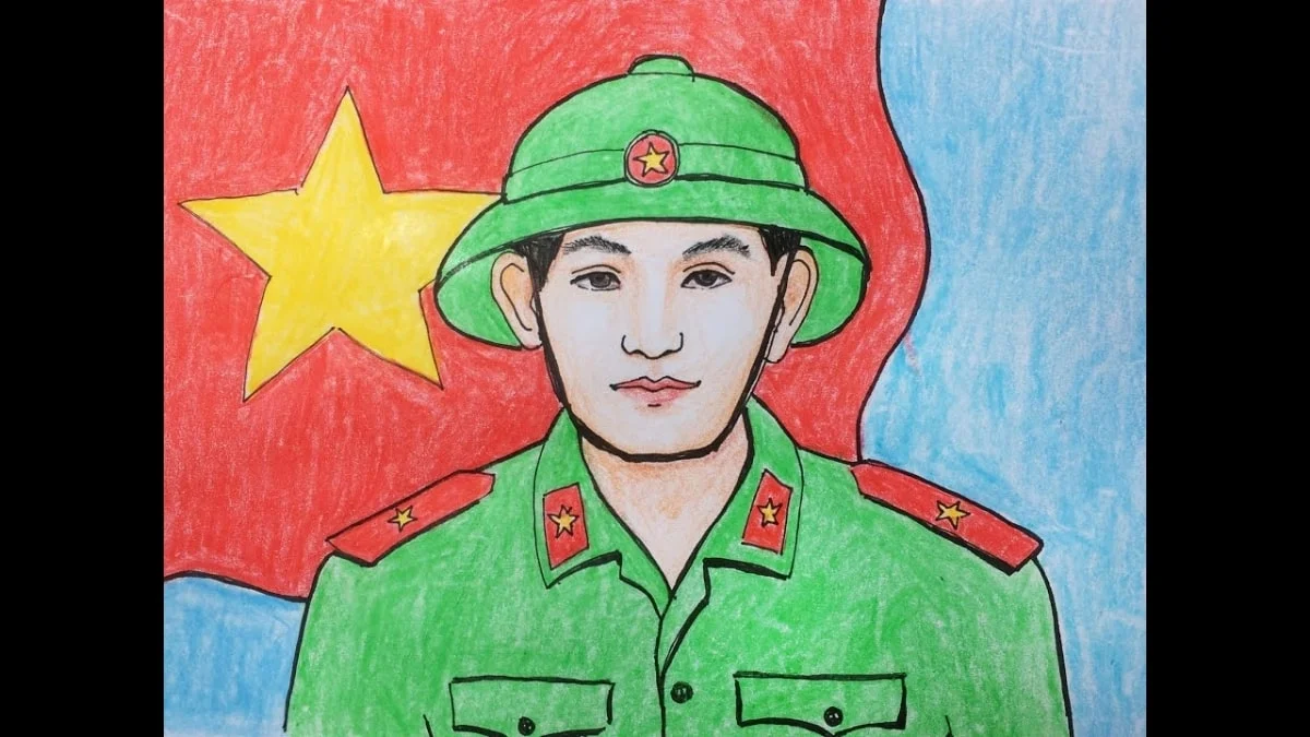 Tranh vẽ chú bộ đội đang làm lễ chào cờ
