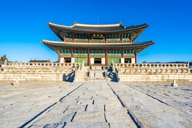 Hình nền máy tính đẹp về chính điện Gyeongbokgung dưới trời xanh