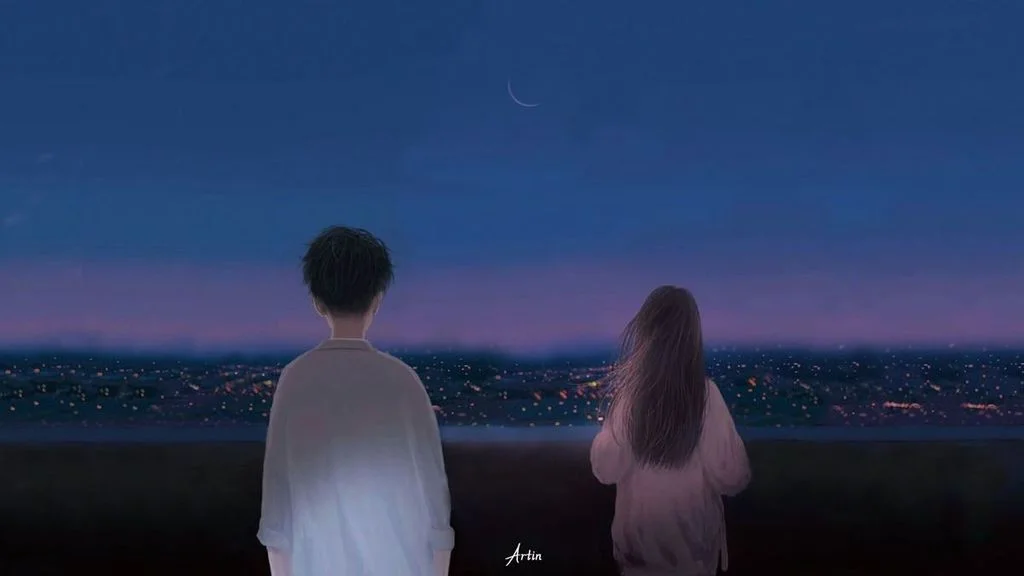 Hình nền máy tính đẹp phong cách anime với hai người ngắm thành phố lung linh dưới bầu trời chạng vạng và trăng khuyết