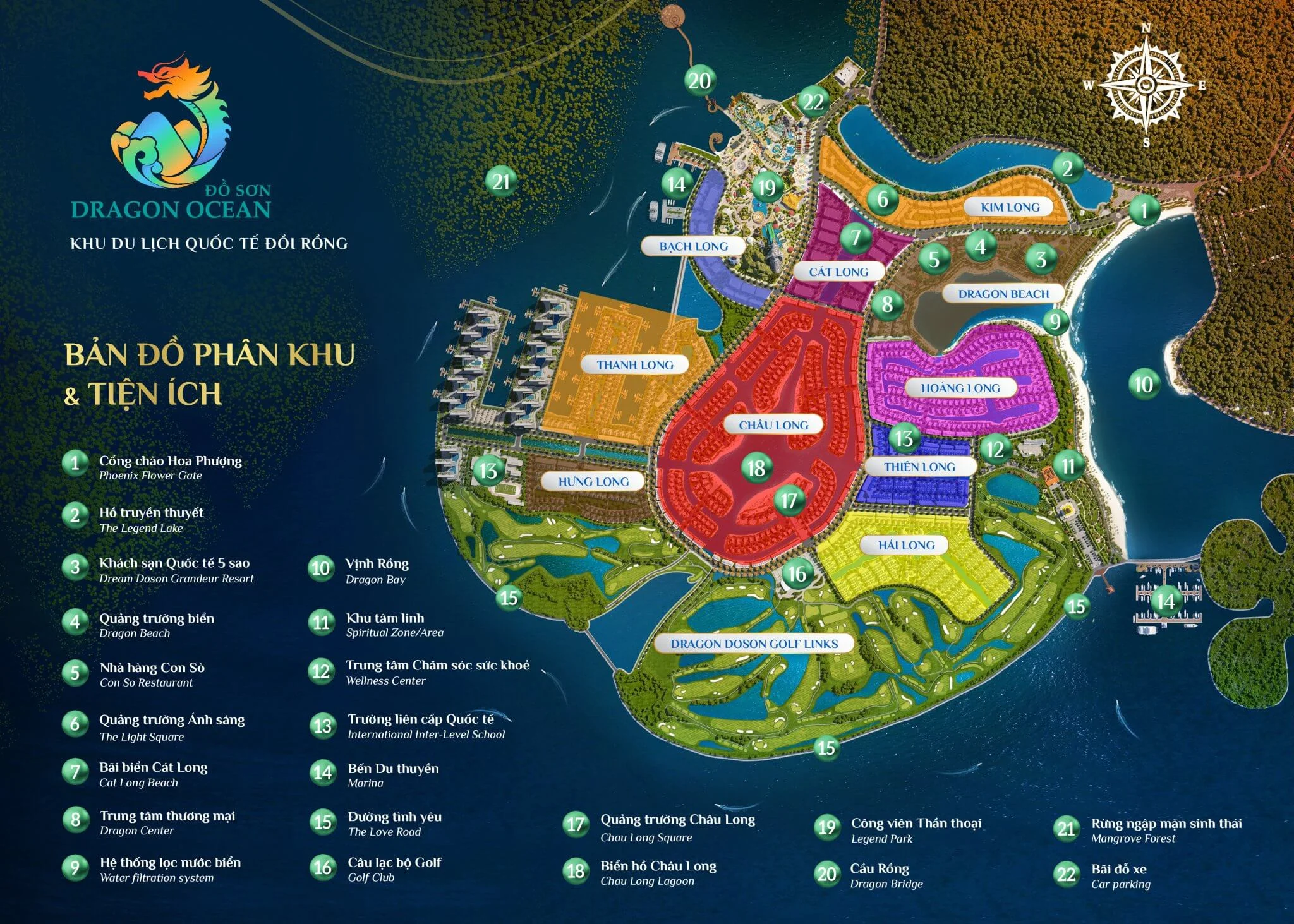 Bản đồ tổng quan khu Dragon Ocean với các phân khu màu sắc