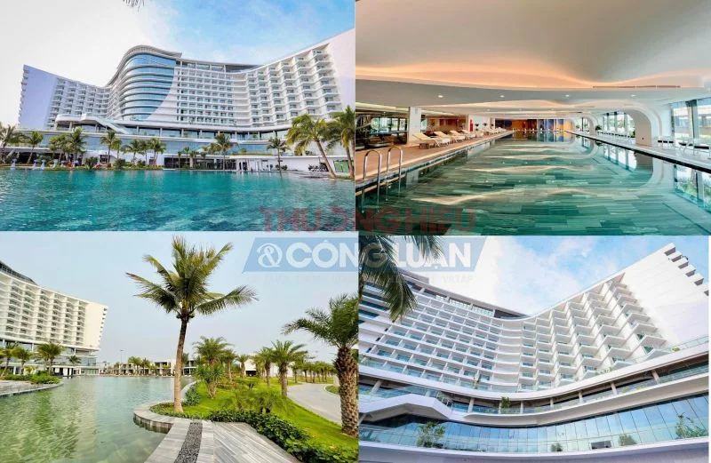 Collage khách sạn hiện đại hồ bơi và lối đi ven nước
