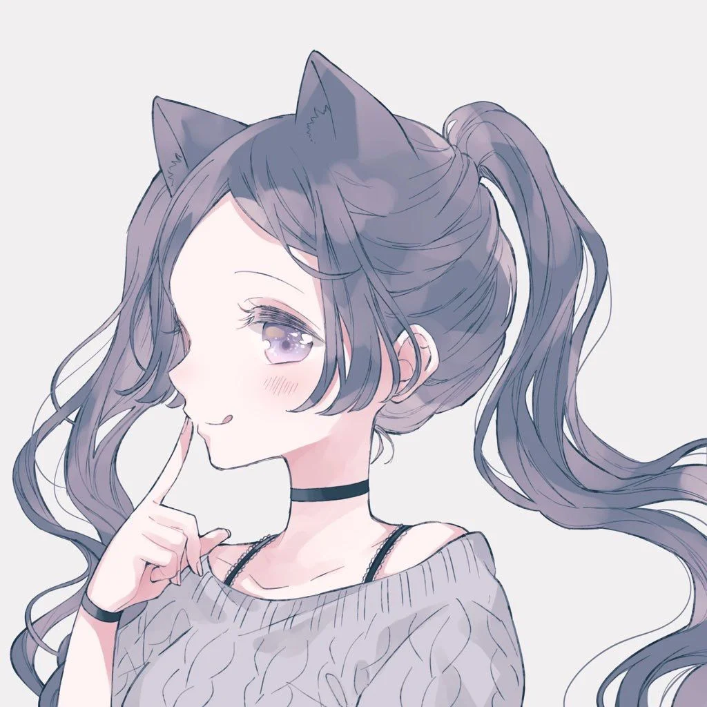 Cô gái anime tai mèo tóc tím mặc áo len xám nhìn nghiêng