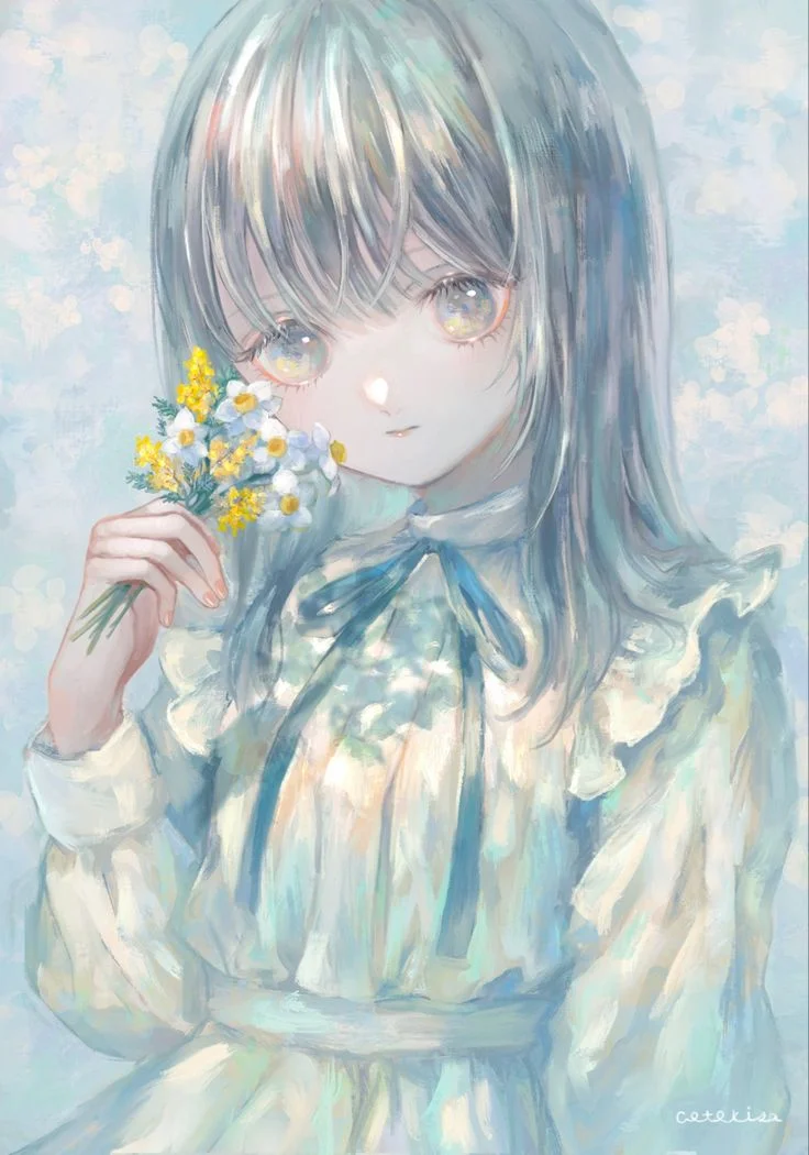 Ảnh chúc mừng sinh nhật phong cách anime màu nước với cô gái tóc xanh cầm bó hoa vàng trắng