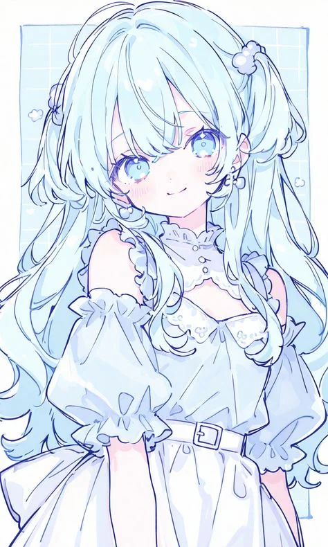 Cô gái anime tóc xanh nhạt mặc váy trắng, phù hợp làm ảnh chúc mừng sinh nhật