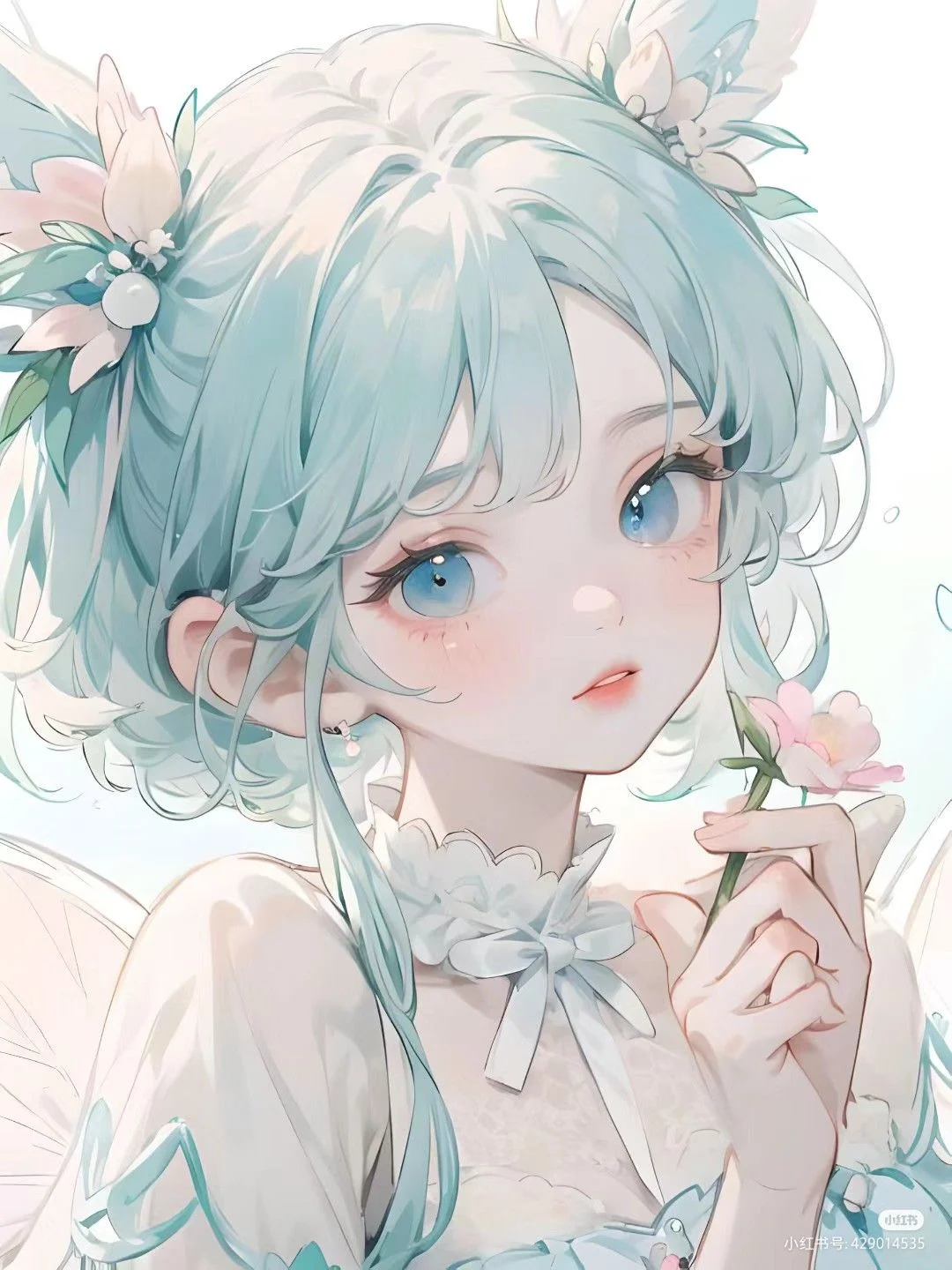 Ảnh chúc mừng sinh nhật phong cách anime với cô gái tóc xanh bạc hà cài hoa và cầm hoa pastel