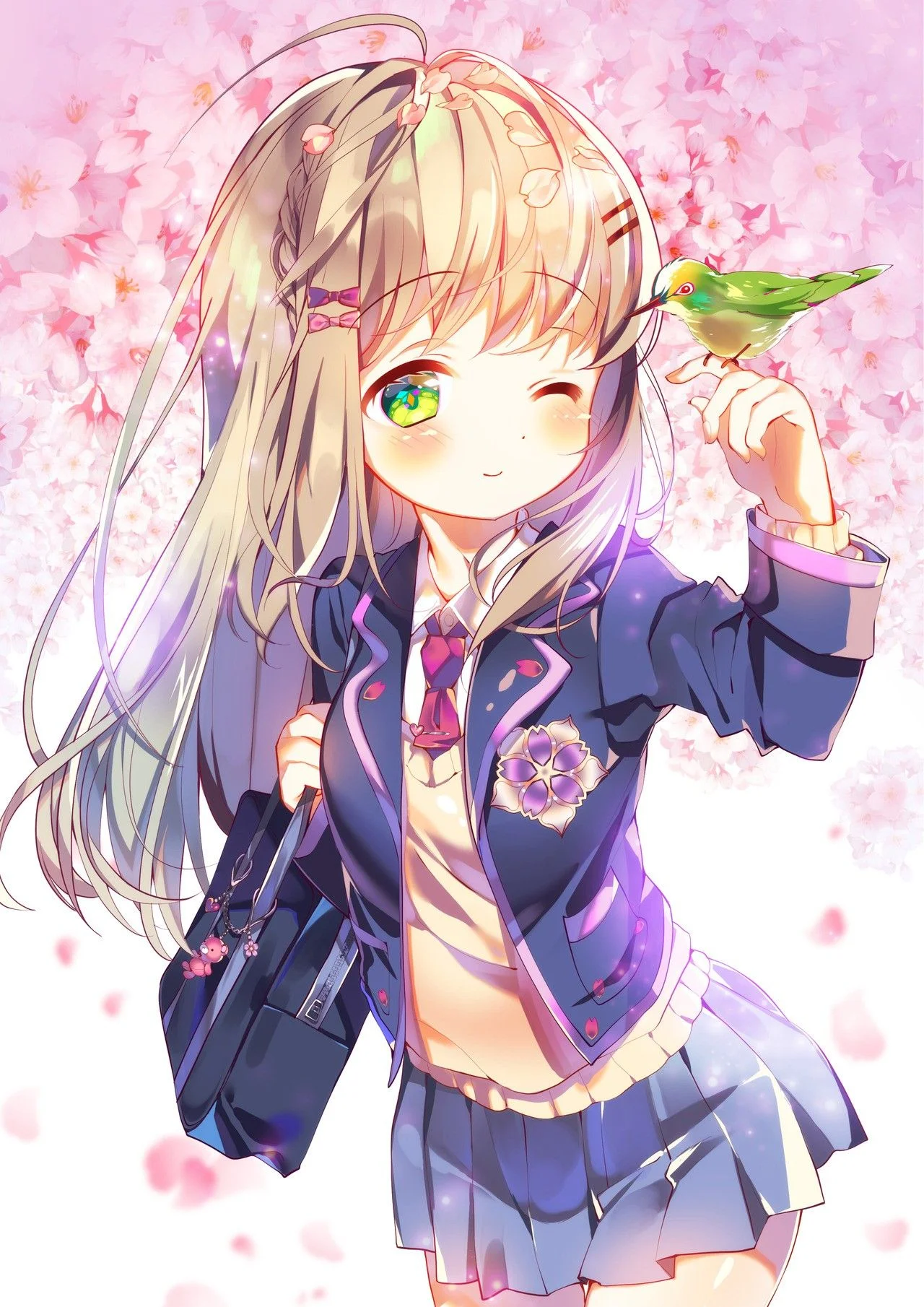 Ảnh chúc mừng sinh nhật phong cách anime với cô gái tóc vàng bên hoa anh đào và chú chim nhỏ