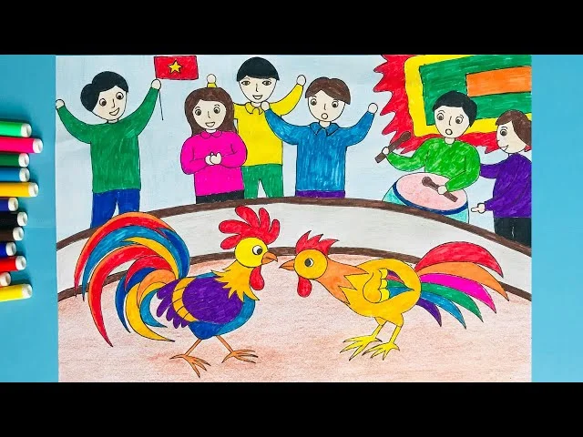 Vẽ tranh đề tài lễ hội | Vẽ lễ hội quê em | Vẽ tranh lễ hội chọi gà - YouTube