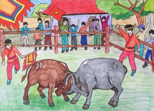 Tranh vẽ đề tài lễ hội, chủ đề lễ hội kéo co, đấu vật, chọi gà, chọi t (2)