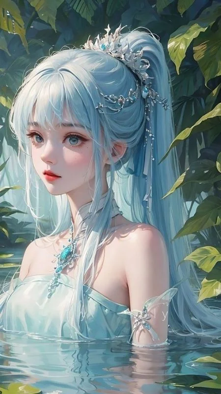 Hình nền điện thoại nàng tiên tóc xanh đứng giữa mặt nước và lá cây