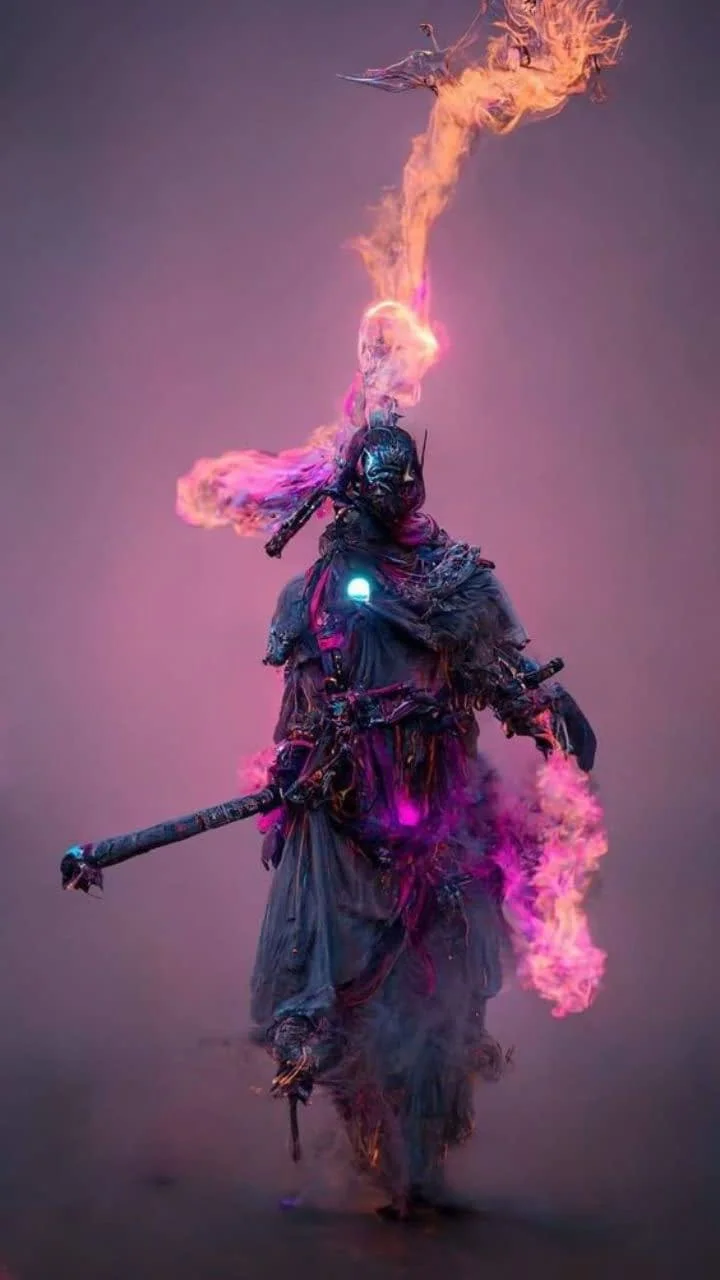 Hình nền điện thoại chiến binh fantasy cầm kiếm giữa ngọn lửa tím