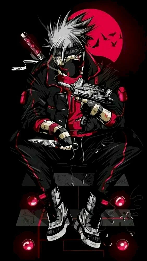 Hình nền điện thoại anime chiến binh áo đen cầm kiếm trước mặt trăng đỏ