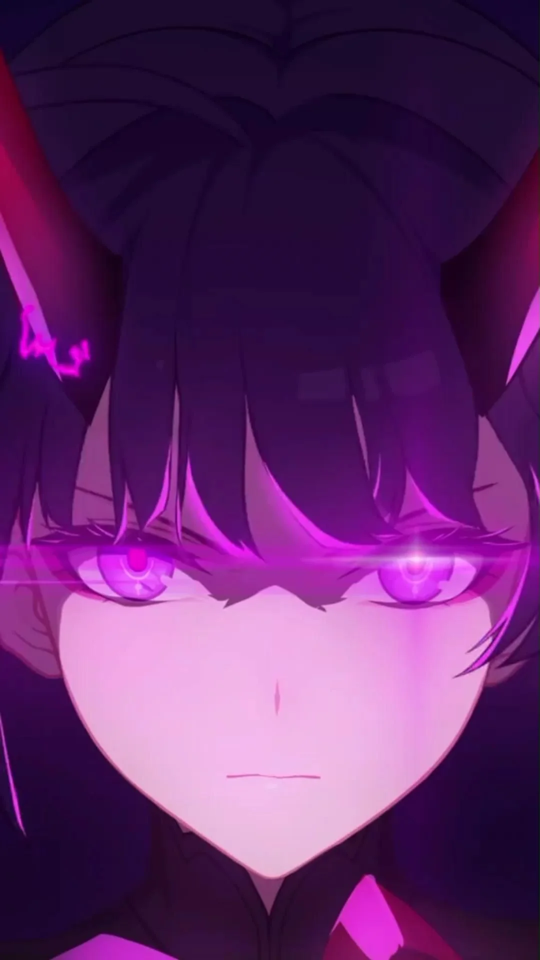 Hình nền điện thoại nhân vật anime tóc tím với đôi mắt phát sáng