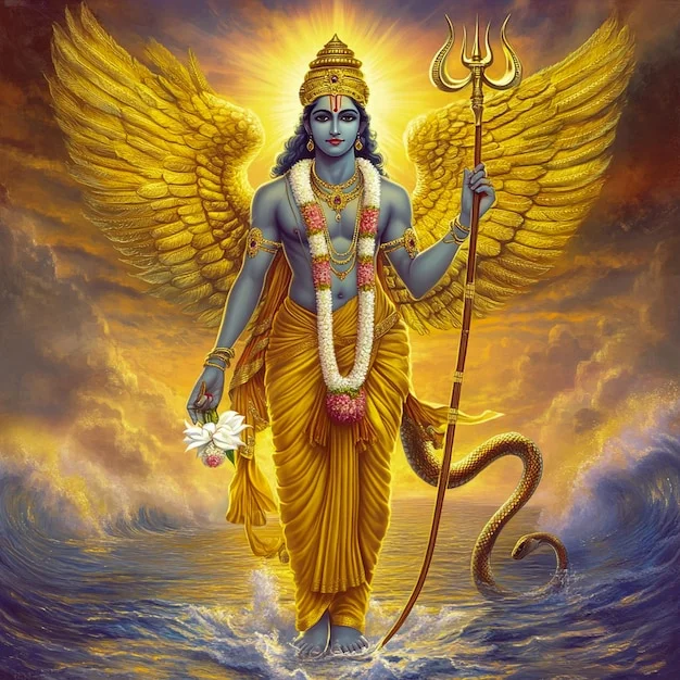 Tranh vị thần Hindu đứng trước đôi cánh vàng khổng lồ, tay cầm đinh ba giữa biển cả