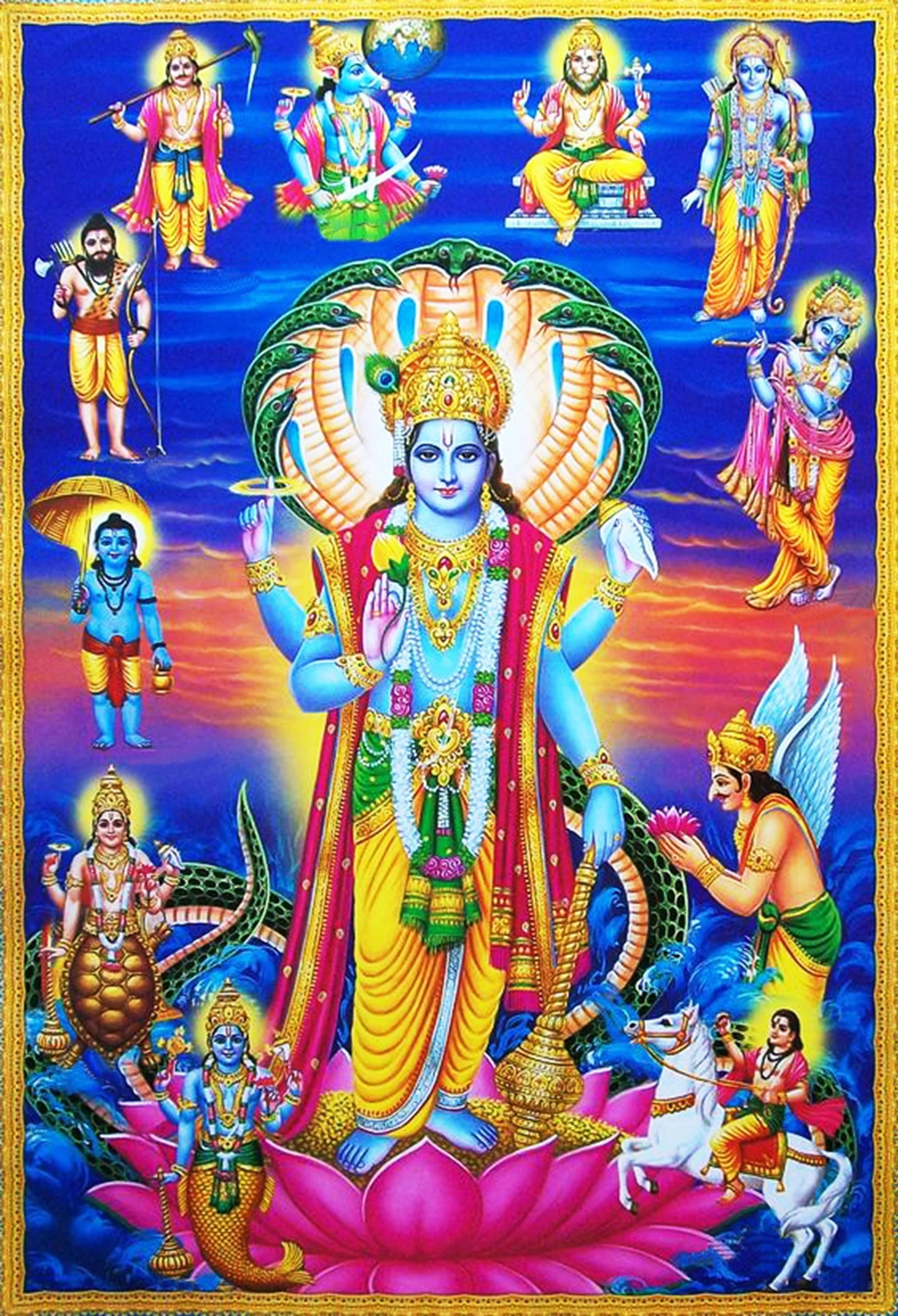 Tranh thần Vishnu nhiều tay đứng trên hoa sen, bao quanh là các nhân vật thần thoại Hindu