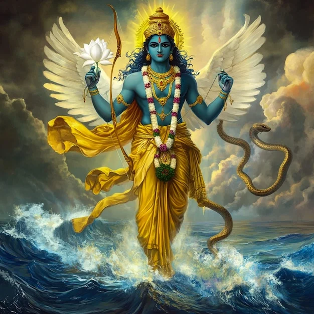 Tranh kỹ thuật số mô tả vị thần Hindu đứng giữa biển cả, tay cầm các pháp khí và có đôi cánh lớn phía sau