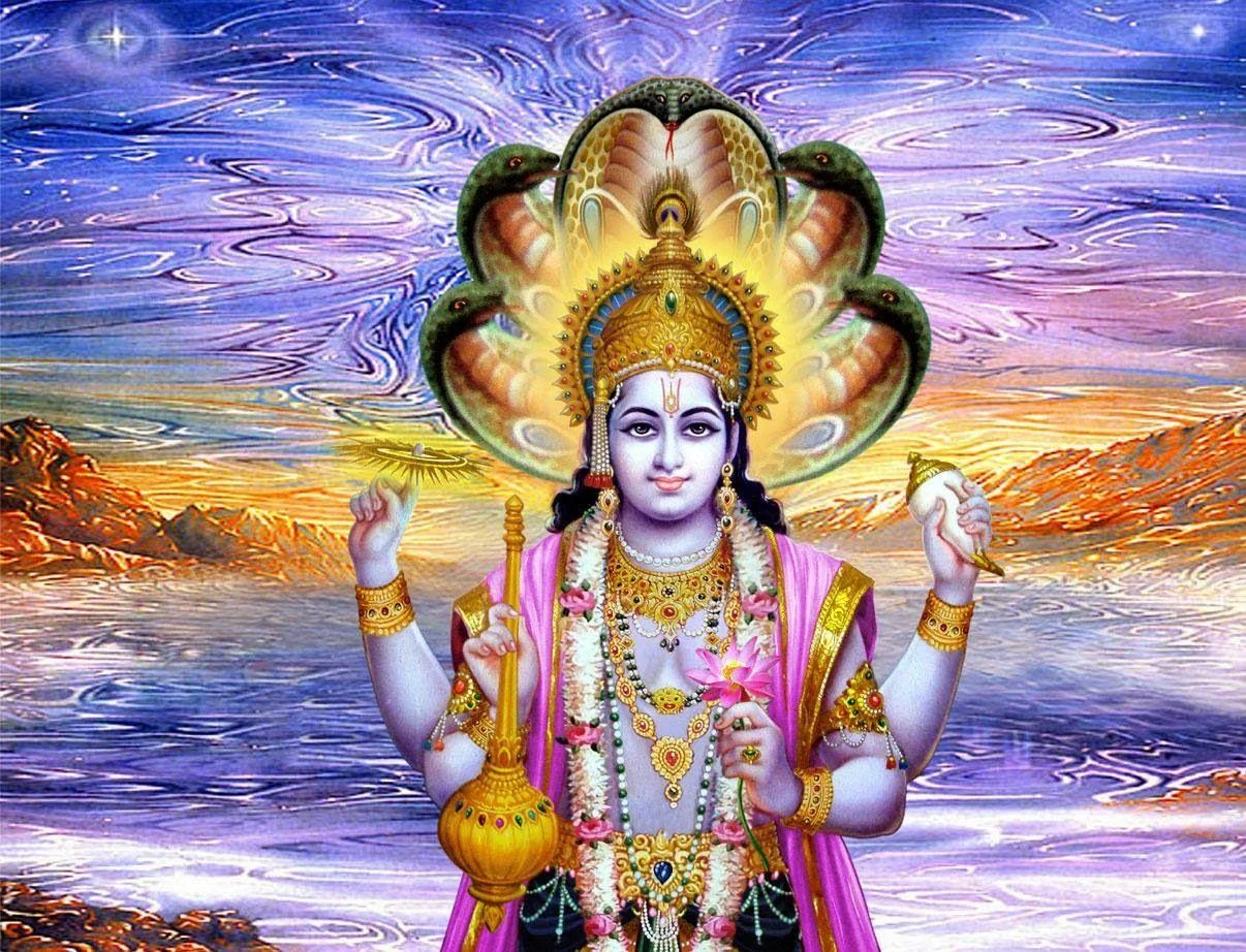 Tranh thần Vishnu bốn tay đứng giữa mặt nước, phía sau là đầu rắn thần nhiều mang