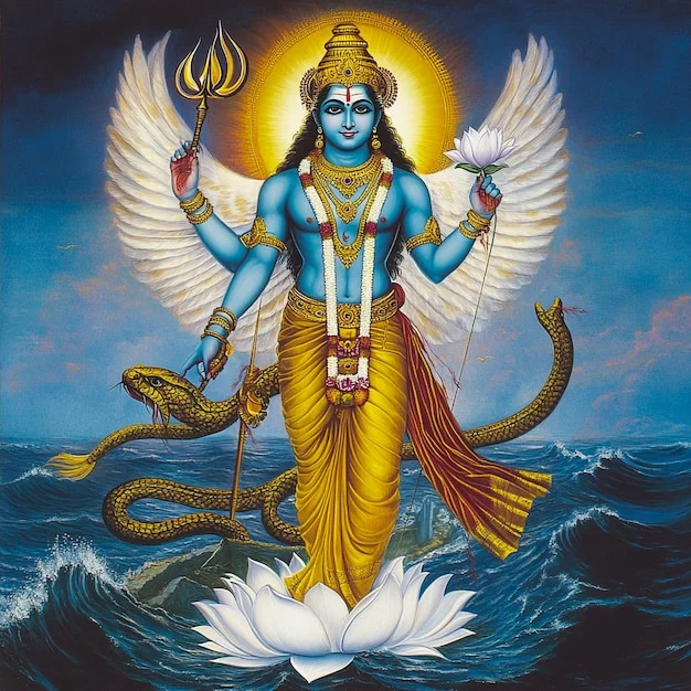 Tranh trúc chỉ hình thần Vishnu da xanh bốn tay đứng trên hoa sen giữa biển cả, với đôi cánh trắng và hào quang vàng