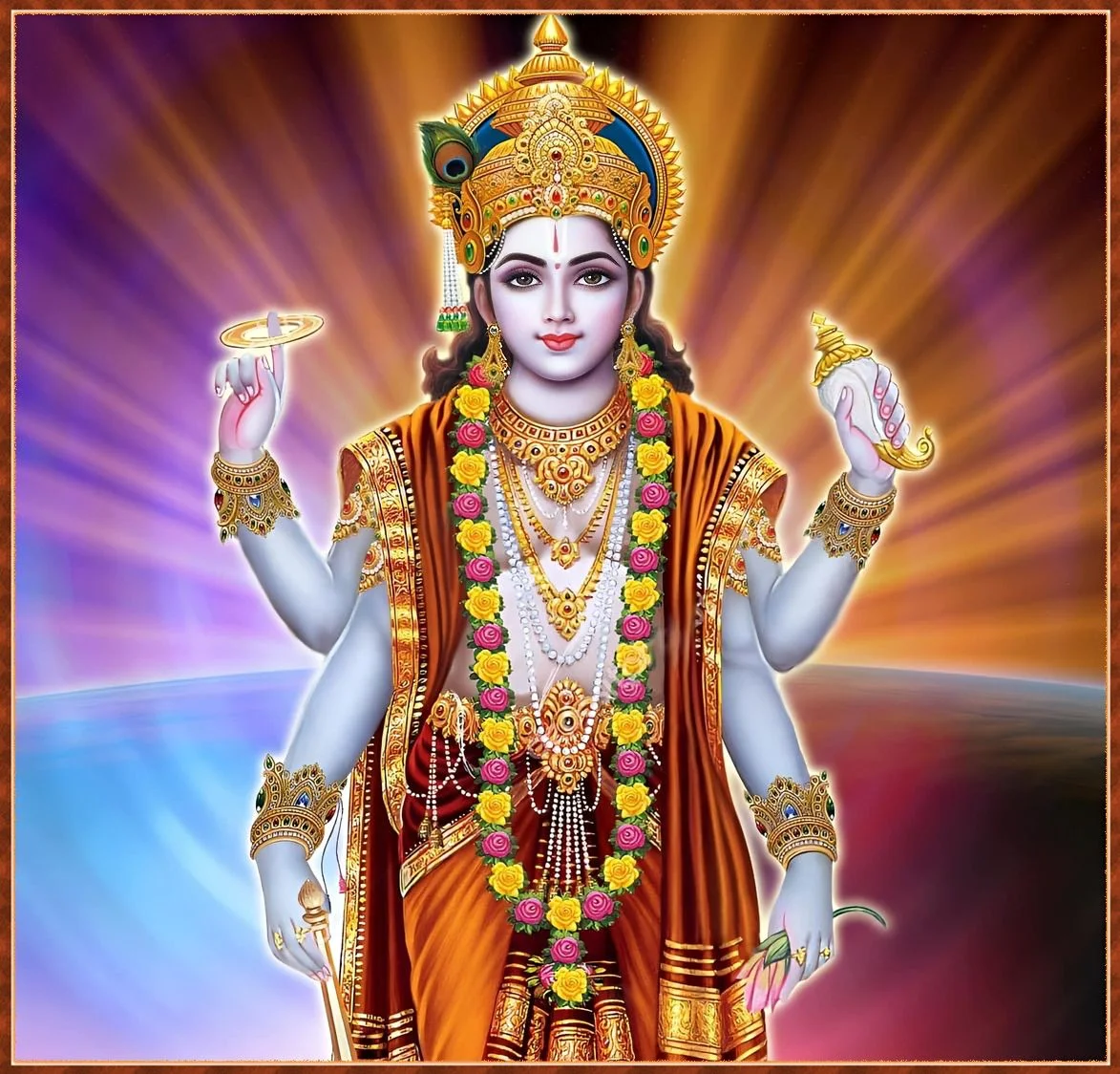 Tranh cận cảnh thần Vishnu đội vương miện, đeo vòng hoa và cầm các pháp khí