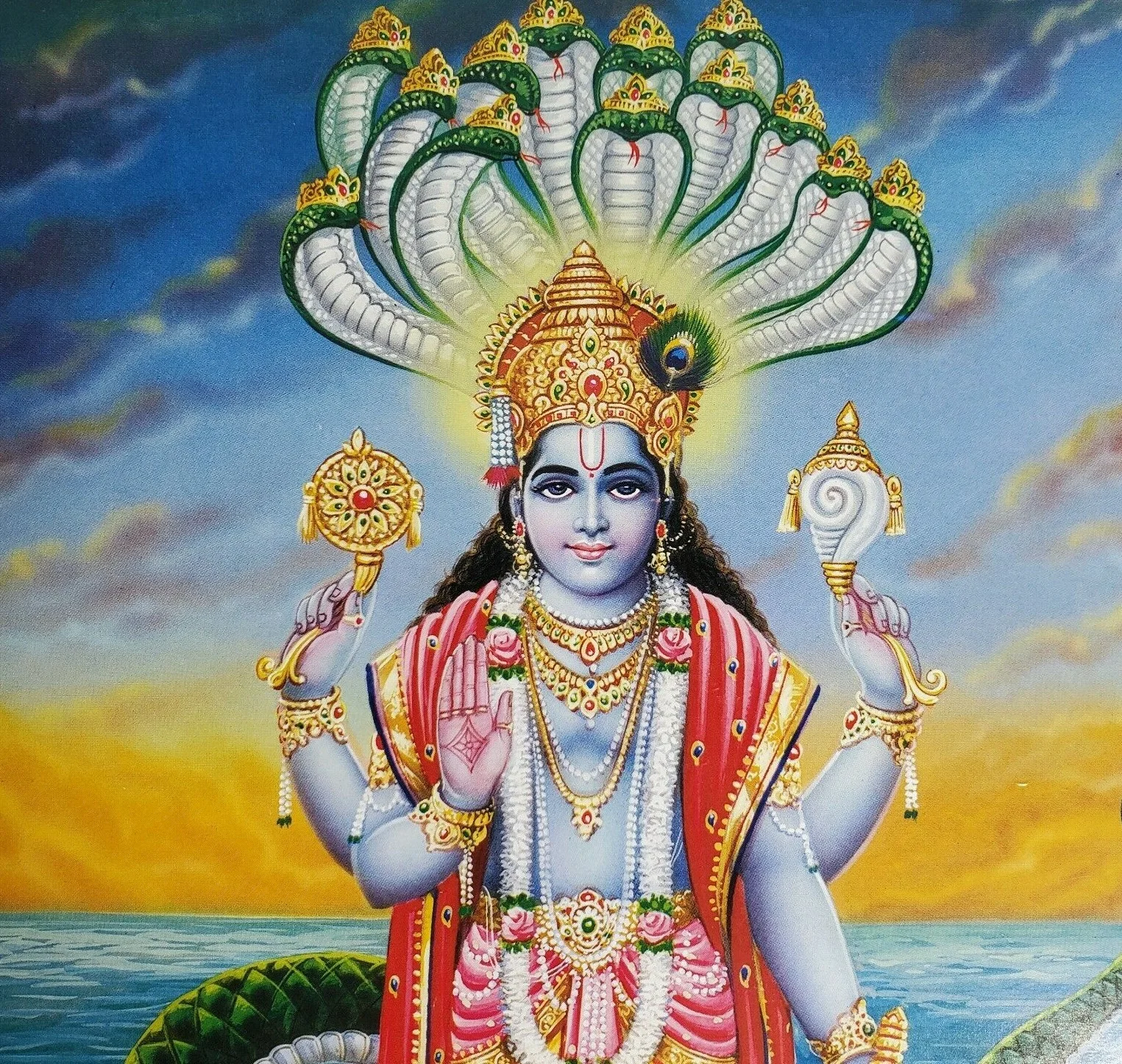 Tranh trúc chỉ minh họa thần Vishnu bốn tay đội vương miện, cầm chakra và tù và trước rắn thần Shesha