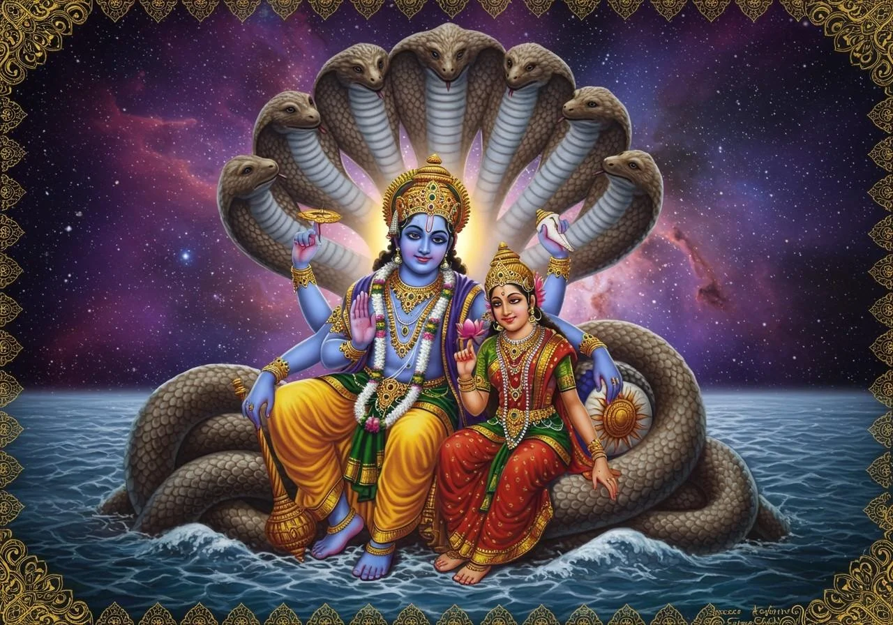 Tranh thần Vishnu và nữ thần Lakshmi nằm trên rắn thần Shesha giữa biển vũ trụ