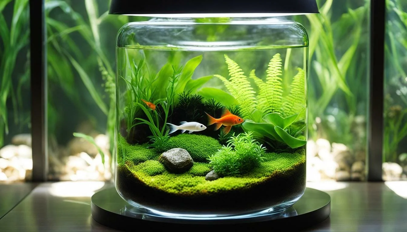 Bể cá thủy sinh hình trụ với cá nhỏ, rêu xanh và đá trang trí